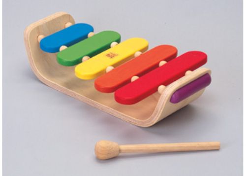 Sustainable wooden oval xylophone for kids, producing melodious tones to inspire creativity and auditory development.