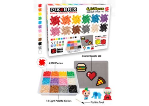 Colorful PixBrix Medium Container with 6000 durable building blocks for creative 2D and 3D projects for all ages.