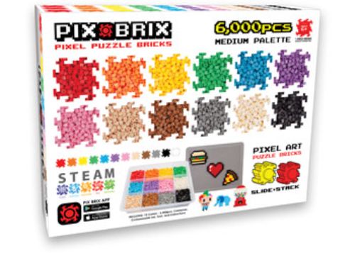 Colorful PixBrix Medium Container with 6000 building blocks for creative 2D and 3D projects, great for kids and adults.