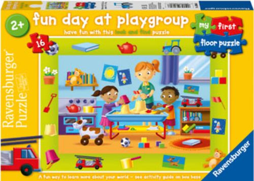 Colorful 16-piece Ravensburger puzzle depicting fun playgroup activities for toddlers, enhancing learning and motor skills.