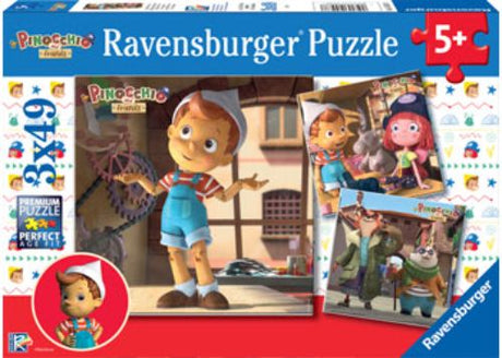 Ravensburger Pinocchio puzzle set featuring three 49-piece designs to enhance creativity and problem-solving for kids aged 4+.