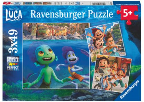 Colorful Disney Pixar Luca puzzle set featuring three 49-piece scenes, designed for fun, creativity, and problem-solving.