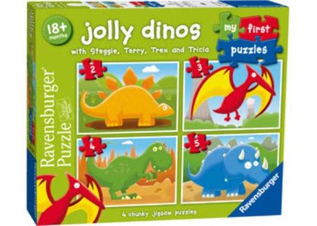 Brightly colored Ravensburger Jolly Dinos puzzle set for toddlers featuring friendly dinosaurs in engaging, educational scenes.