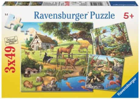 Colorful Ravensburger puzzle set featuring 3x49-piece animal designs perfect for young children, enhancing creativity and skills.