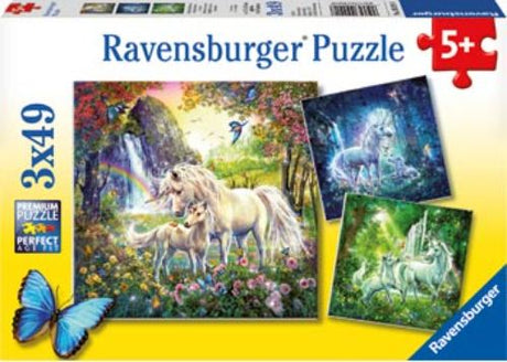 Ravensburger Beautiful Unicorns Puzzle set featuring three 49-piece puzzles, perfect for young fans of magical lands.