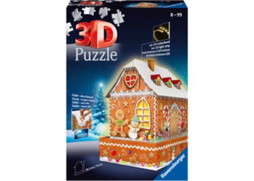 Ravensburger 216pc puzzle featuring a glowing gingerbread house against a twilight sky, perfect for family holiday fun.