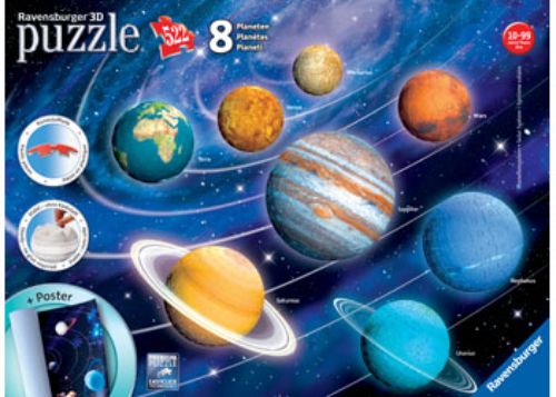 3D puzzle featuring 8 colorful planet balls, sun centerpiece, moon, and accessories for educational space exploration.