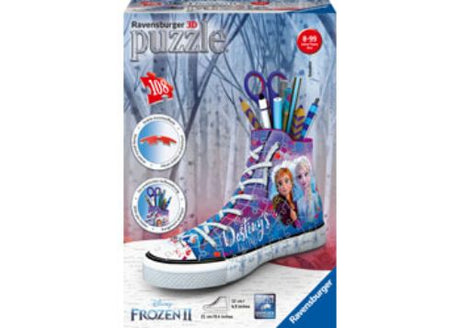 Ravensburger Frozen 2 Sneaker 3D Puzzle featuring Elsa, Anna, and Olaf; 108 durable pieces; stands 21.3 cm tall.