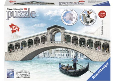 3D puzzle of Venice's Rialto Bridge, featuring 216 precision-moulded pieces, perfect for ages 10 and up.