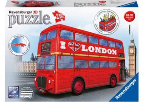 3D puzzle of an iconic London bus, 216 pieces, measures 31 x 7 x 21cm, perfect for display and small item storage.