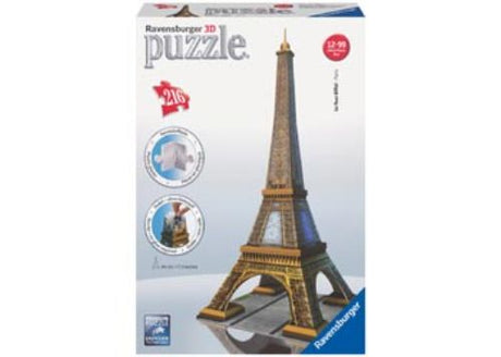 3D Ravensburger Eiffel Tower puzzle with 216 precision pieces, stands 44 cm tall; ideal for Paris enthusiasts and family fun.