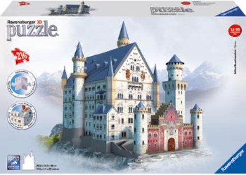 3D puzzle of Neuschwanstein Castle featuring 216 durable pieces, intricately designed with hinged elements for easy assembly.