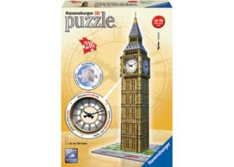 3D Ravensburger Big Ben puzzle with real clock, 216 pieces, standing 41 cm tall; perfect for architecture lovers.