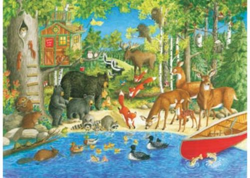 Woodland Friends Puzzle featuring adorable animals in a vibrant forest, perfect for children ages 6 and up.