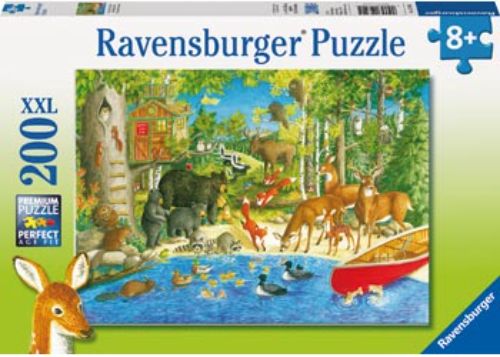 Colorful 200-piece puzzle featuring playful woodland animals like squirrels, foxes, and deer in a vibrant forest setting.