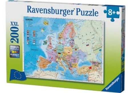 Colorful 200-piece Ravensburger puzzle of Europe, featuring country flags and capitals, ideal for educational fun and family bonding.