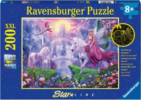 Vibrant 200-piece Ravensburger puzzle featuring unicorns, fairies, and knights in a magical fantasy landscape.