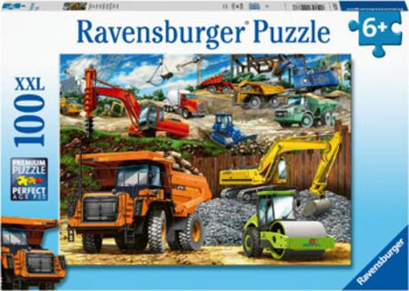 Colorful 100-piece puzzle featuring various construction vehicles, perfect for kids aged 6 and up to enhance problem-solving skills.