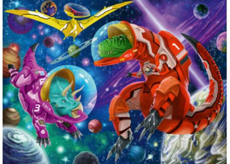 Colorful Ravensburger 200-piece puzzle of dinosaurs exploring space, ideal for children and family fun.