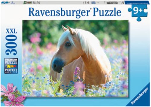 Colorful 300-piece puzzle of a pony in a wildflower field, perfect for family fun or solo enjoyment.