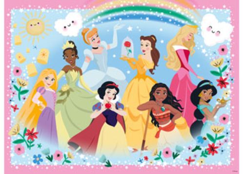 Colorful 100-piece puzzle featuring Disney princesses, designed for kids aged 6+, promoting creativity and problem-solving.