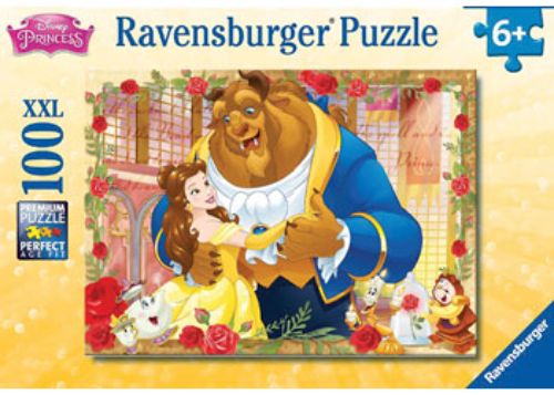 Disney Belle & Beast 100-piece puzzle with glitter accents, featuring vibrant artwork from Beauty and the Beast for kids.