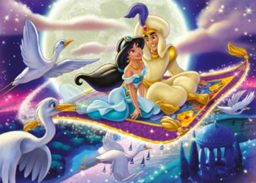 Ravensburger 1000pc puzzle featuring Aladdin and Jasmine in Agrabah, celebrating Disney's nostalgic 1992 animated classic.