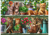 500-piece Ravensburger puzzle of playful cats exploring a cozy shelf filled with charming curiosities.