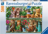 Cats on the Shelf 500pc puzzle featuring playful cats on a cozy shelf, perfect for cat lovers and puzzle enthusiasts.