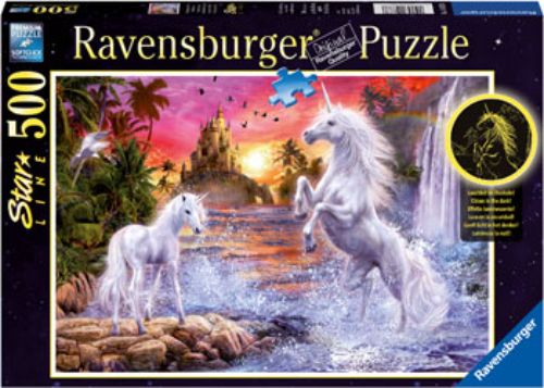 A magical 500-piece puzzle featuring unicorns by a sparkling river, perfect for family fun and enhancing cognitive skills.