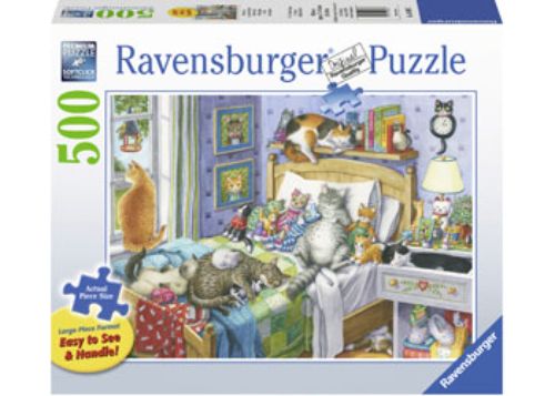 Large format 500-piece puzzle featuring peaceful cats, ideal for all ages, with oversized pieces for easy handling.