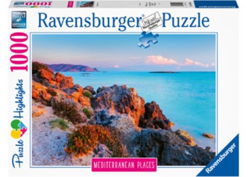 Colorful 1000-piece jigsaw puzzle depicting stunning Mediterranean Greece landscapes, crafted with Ravensburger's Softclick Technology.