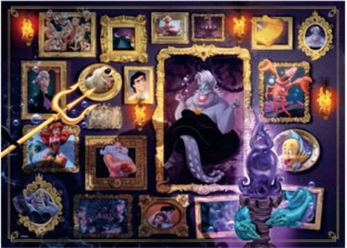 1000-piece Ravensburger puzzle featuring Ursula from The Little Mermaid, surrounded by Flotsam, Jetsam, and more Disney characters.