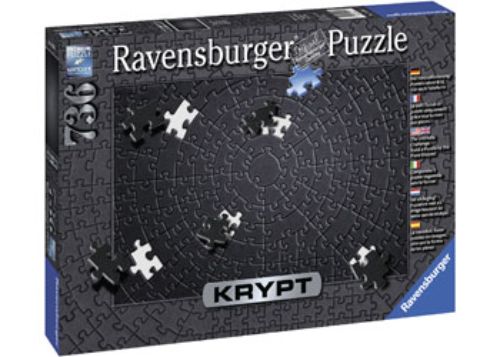 Ravensburger Krypt Black Spiral Puzzle with 736 intricate pieces, featuring a challenging black spiral maze design.