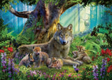 Majestic wolves in a lush forest featured in a vibrant 1000-piece Ravensburger puzzle, ideal for family bonding and decor.