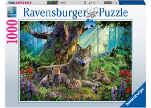 Majestic wolves in a lush forest come to life in this captivating 1000-piece Ravensburger jigsaw puzzle.