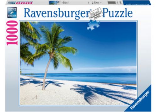 Vibrant 1000-piece Ravensburger puzzle depicting a serene beach scene, perfect for families and puzzle enthusiasts.