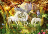 Ravensburger 1000pc puzzle featuring unicorns in a magical forest, perfect for family fun and imaginative escape.