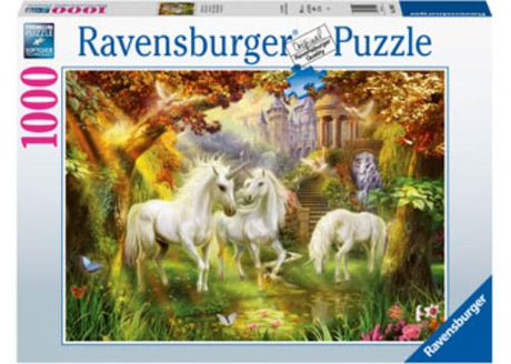 Ravensburger 1000pc puzzle featuring magical unicorns in a whimsical forest, perfect for family fun and creativity.