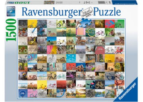 Ravensburger 1500-piece puzzle featuring vibrant bicycles and charming scenes, perfect for family fun and decoration.