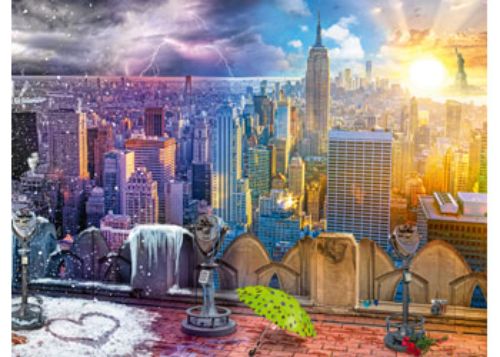 Ravensburger 1500pc puzzle depicting New York City through its four seasons, featuring iconic landmarks and vibrant scenes.