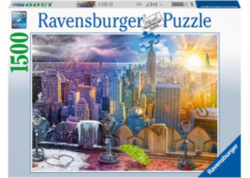 Ravensburger Seasons of New York 1500pc puzzle showcasing iconic landmarks through the city's four seasons.