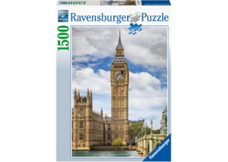 Ravensburger 1500-piece puzzle featuring a cute cat on Big Ben, ideal for family fun and artful decor.