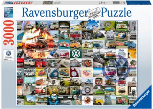 A nostalgic 3000-piece Ravensburger puzzle featuring iconic VW Bulli moments, perfect for family fun and home decor.