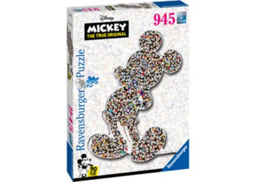 Disney Shaped Mickey Puzzle from Ravensburger features 945 pieces, celebrating Mickey's 90th anniversary with vibrant imagery.