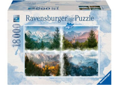 Ravensburger 18000-piece puzzle of Neuschwanstein Castle, showcasing intricate architecture in the Bavarian Alps.