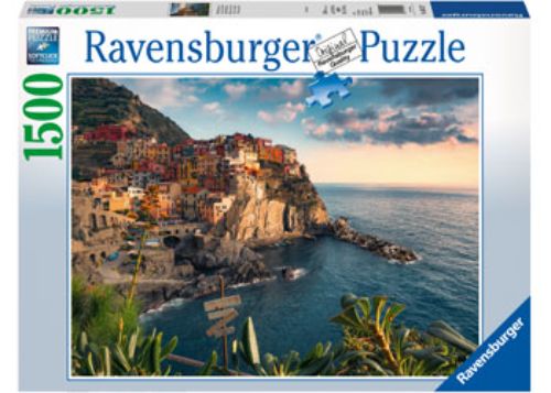 Ravensburger Cinque Terre Viewpoint Puzzle: 1500 pieces of colorful villages and cliffs, measuring 84 x 60 cm when completed.