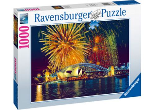 Vibrant 1000-piece puzzle of Sydney's skyline with fireworks, featuring the Opera House and Harbour Bridge, ideal for family fun.