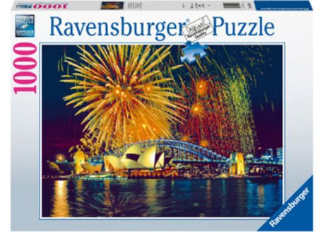 A vibrant 1000-piece puzzle showcasing Sydney’s skyline with fireworks above the Opera House and Harbour Bridge.