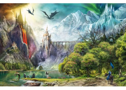 Vibrant 3000-piece Ravensburger puzzle featuring dragons in a mystical landscape, measuring 121 x 80 cm when completed.